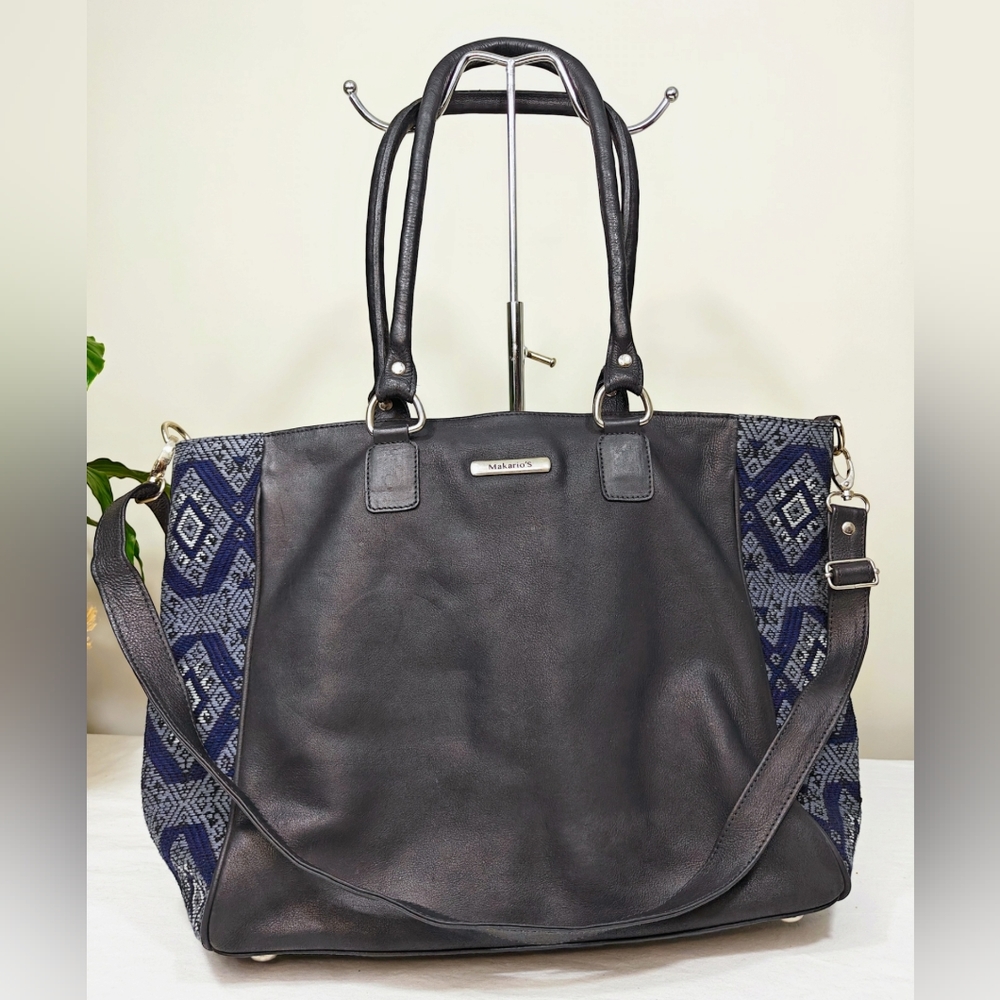 NEW Black Genuine Leather and Colorful Fabric Shoulder Bag, handcrafted handbags